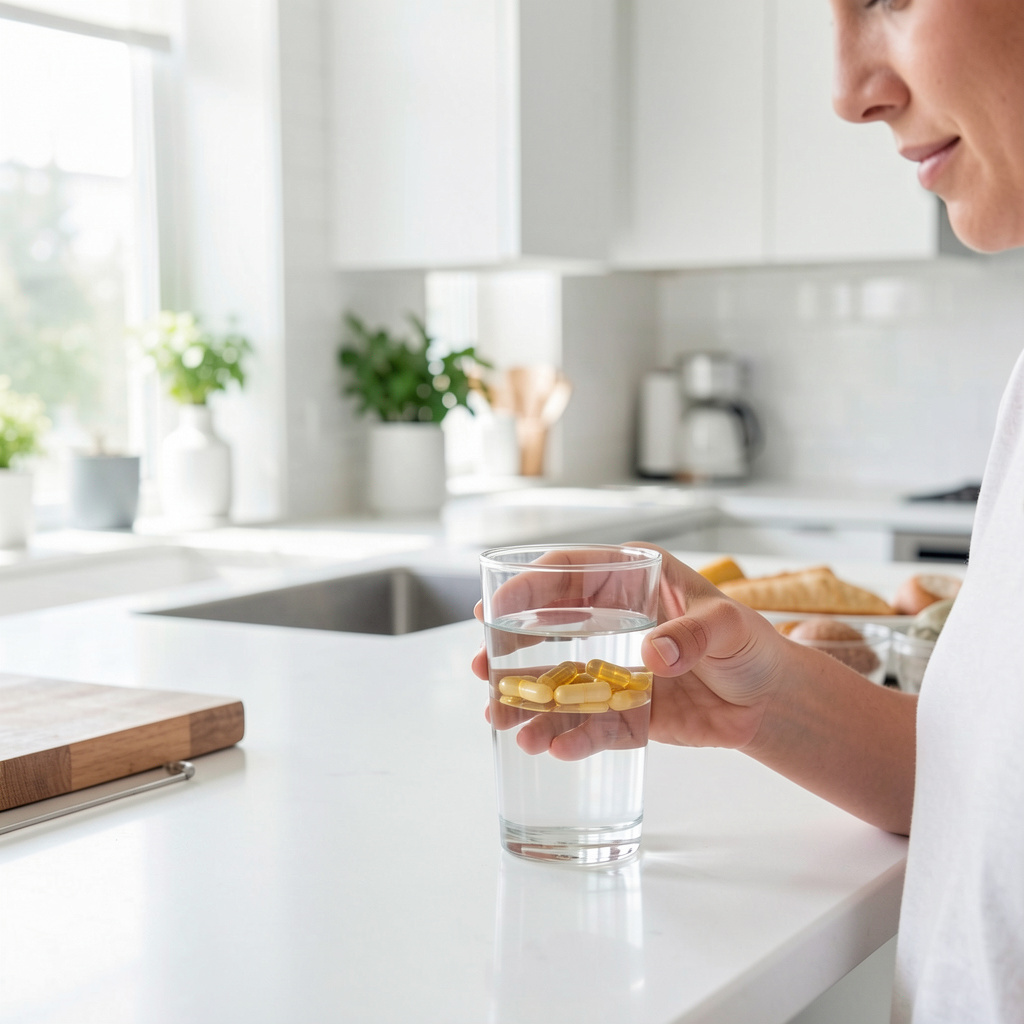 Person taking natural supplement capsules with water in bright modern kitchen setting